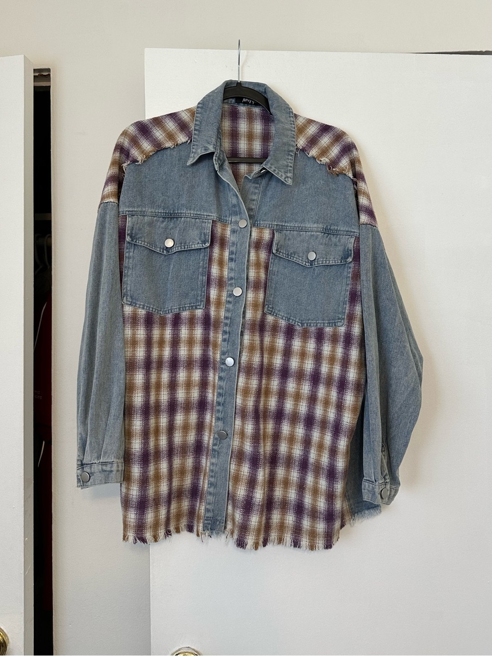 Nasty Gal Plaid & Denim Button-Front Shirt in Purple, Cream & Light Blue